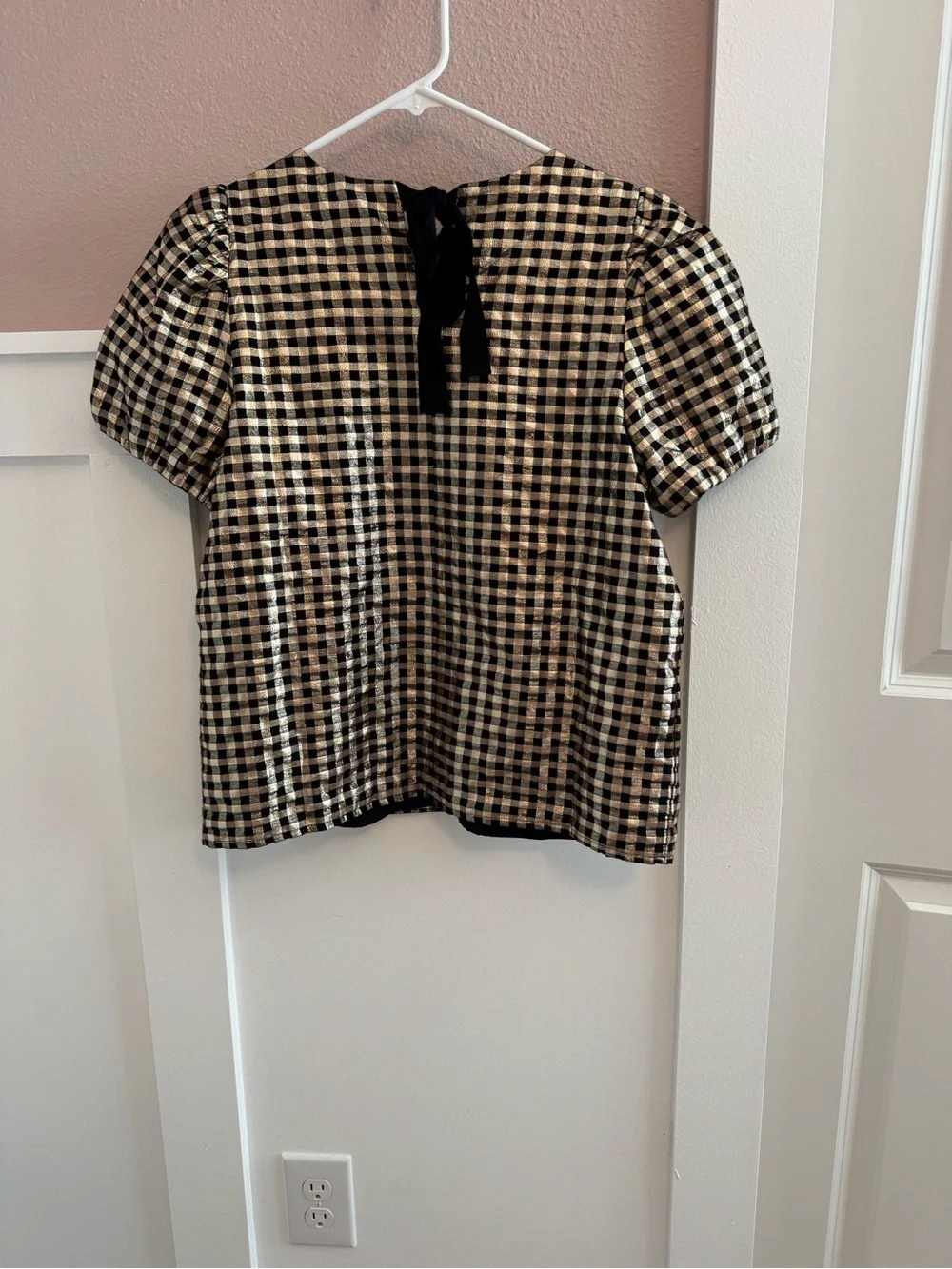 J.Crew Metallic Gold Gingham Puff Sleeve Blouse